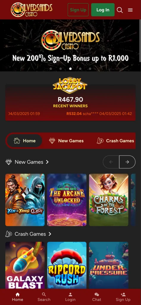 SilverSands Mobile Casino interface