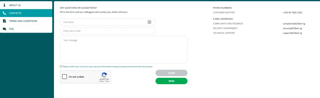 Customer Support at 22Bet